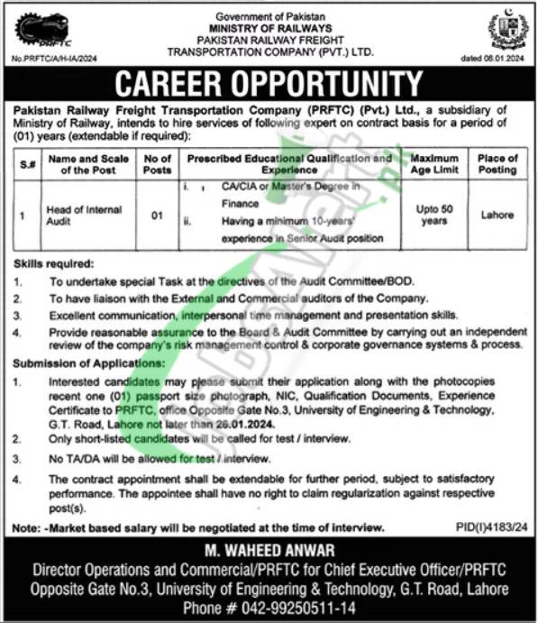 2024 Current Openings In Govt Of Pakistan Ministry Of Railways