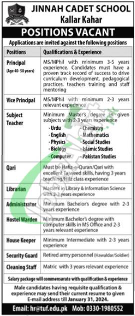 2024 Latest Non Teaching Staff Job Opportunities At Jinnah Cadet College