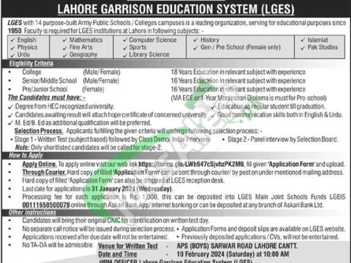 Application Form For Lges Jobs 2024 In Lahore Garrison Education