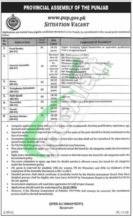 Application Form For Provincial Assembly Of Punjab Jobs 2024