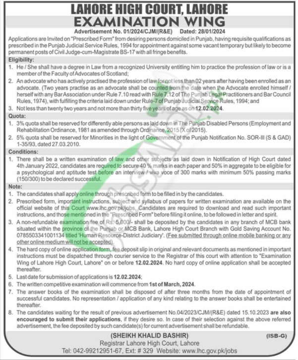 Apply For Lahore High Court Jobs 2024 Online At Www.lhc.gov.pk