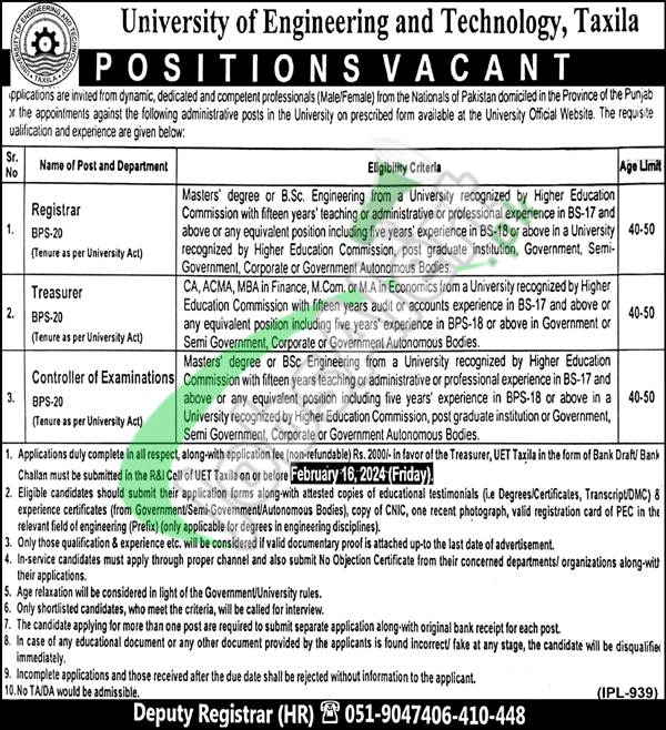 Download Online Application Form For Uet Taxila Jobs 2024