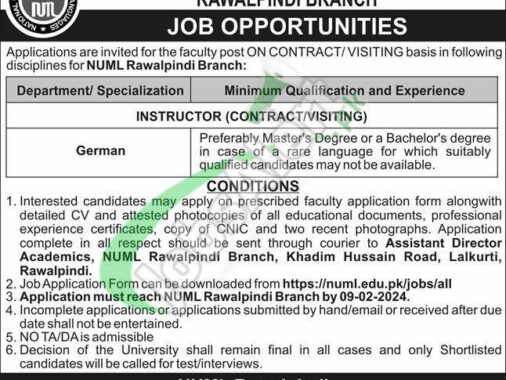 Faculty Staff Application Form For Numl Rawalpindi Jobs 2024