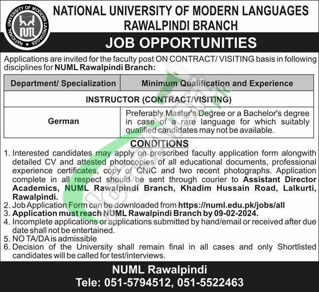 Faculty Staff Application Form For Numl Rawalpindi Jobs 2024