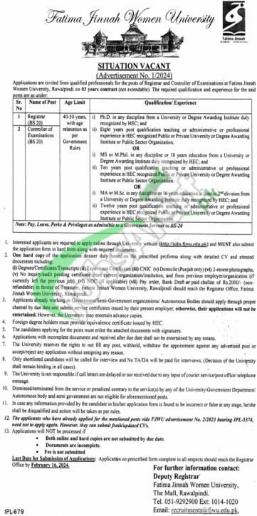 Fatima Jinnah Women University Rawalpindi 2024 Job Application Form