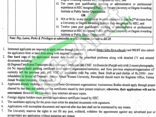 Fatima Jinnah Women University Rawalpindi 2024 Job Application Form