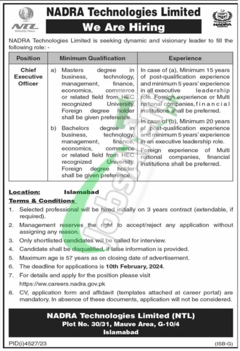 Job Opportunities At Nadra Technologies Limited (ntl) Advertisement For