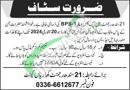 Job Opportunities For Civilians In Pakistan Army's 21 Sindh Regiment