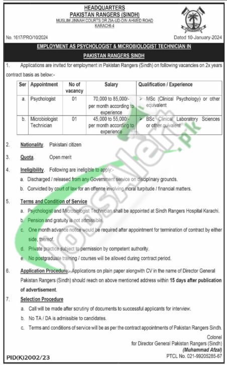 Last Date For Online Registration For Pak Sindh Rangers Jobs