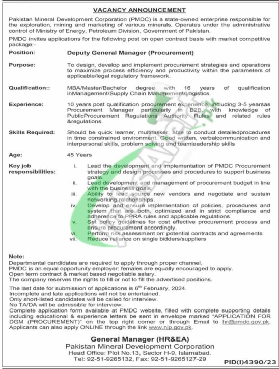 Latest 2024 Job Openings At Pmdc Islamabad By Pakistan Mineral