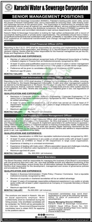 Latest Advertisement For 2024 Jobs At Karachi Water And Sewerage