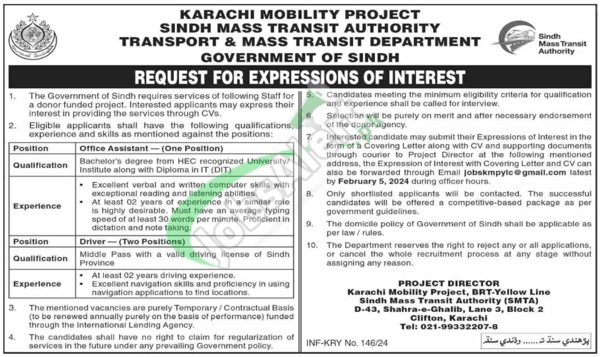 Latest Advertisement For 2024 Jobs In Sindh's Transport & Mass