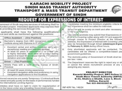 Latest Advertisement For 2024 Jobs In Sindh's Transport & Mass