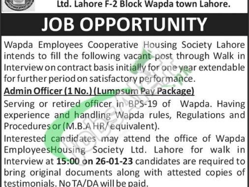 Latest Jobs At Wapda Employees Cooperative Housing Society In Lahore