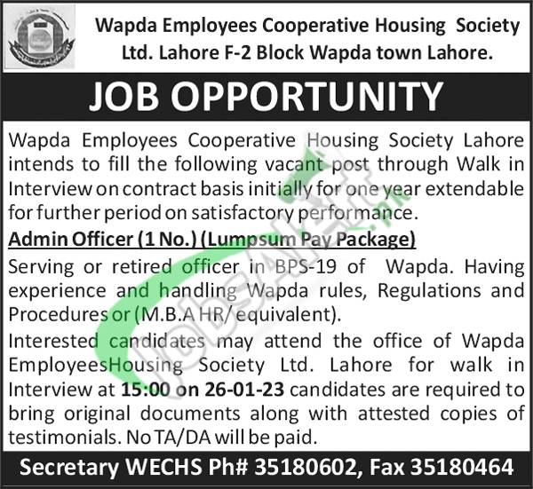 Latest Jobs At Wapda Employees Cooperative Housing Society In Lahore