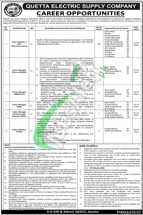 Latest Advertisement For Quetta Electric Qesco Jobs 2024 Apply