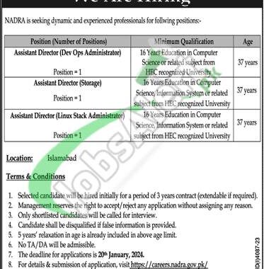 Nadra Jobs 2024: National Database And Registration Authority January Advertisement