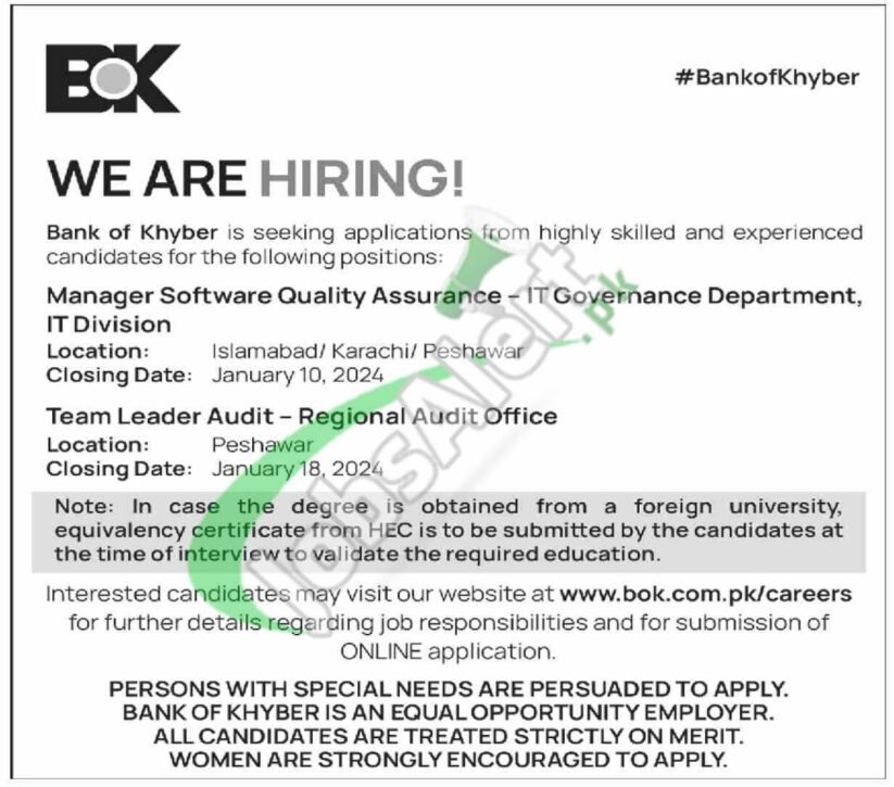 Newest Advertisement For Bank Of Khyber Jobs In Islamabad For