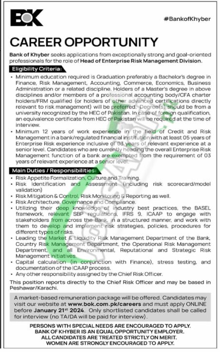 Newest Bok.com.pk Advertisement For 2024 Bank Of Khyber Job Positions