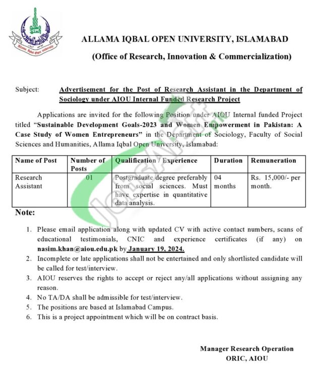 Online Application Form For Research Associate Positions At Aiou 2024