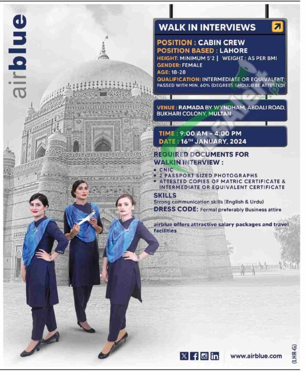 Opportunities To Join Air Blue Cabin Crew In 2024: Walk In Interview