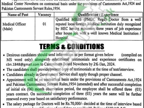 Recruitment For Medical Staff At Cantonment Board Nowshera 2024