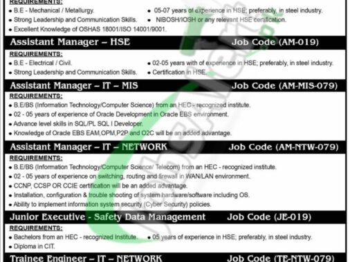 Vacancies For Trainee Staff Needed At Pakistan Steel Mills Limited