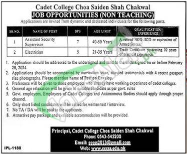 2024 Employment Opportunities At Cadet College Choa Saiden Shah