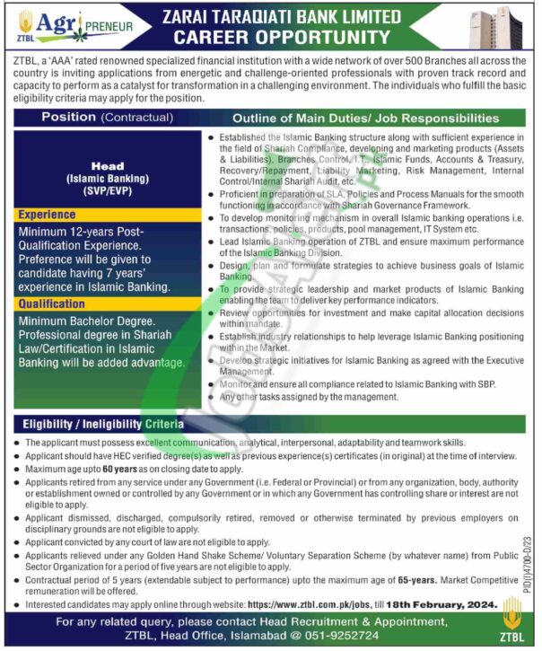 Apply Online For Head (islamic Banking) Jobs 2024 At Www.ztbl.com.pk