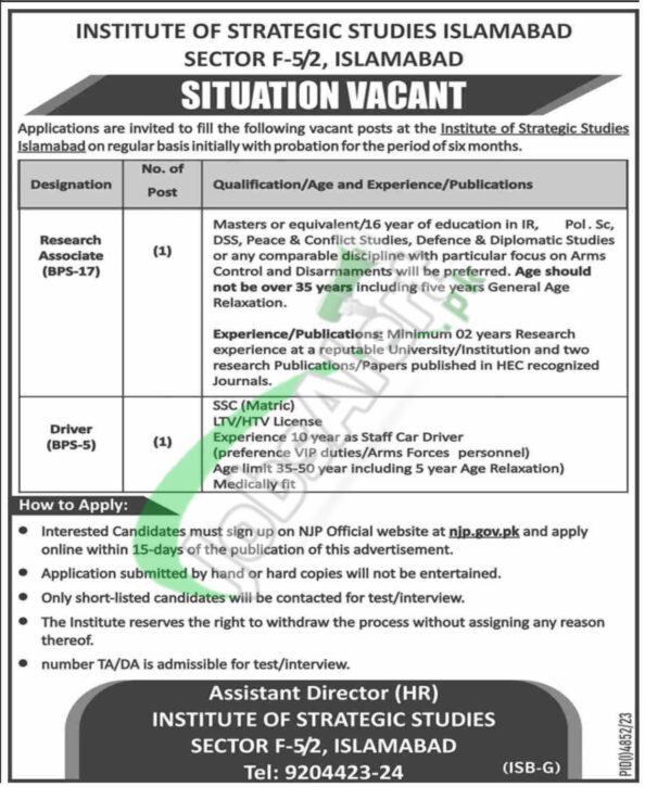 Current Job Openings At Institute Of Strategic Studies Islamabad For