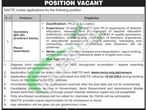 Download Nacte Jobs 2024 Online Application Form From Nacte.org.pk