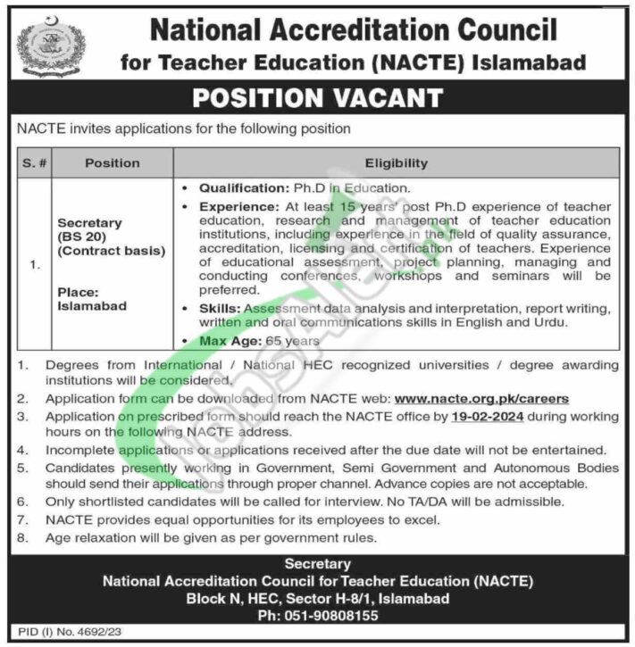 Download Nacte Jobs 2024 Online Application Form From Nacte.org.pk