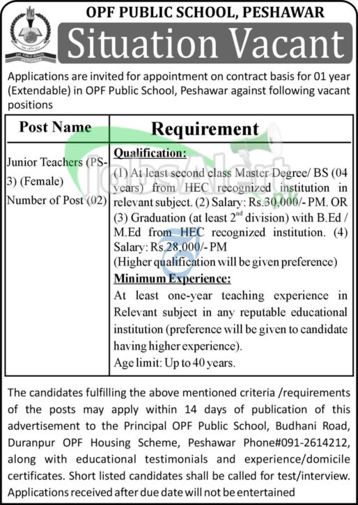 Faculty Staff Positions Available At Opf Public School Peshawar For