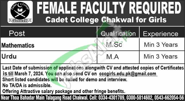 Latest Advertisement For Cadet College Chakwal Jobs 2024