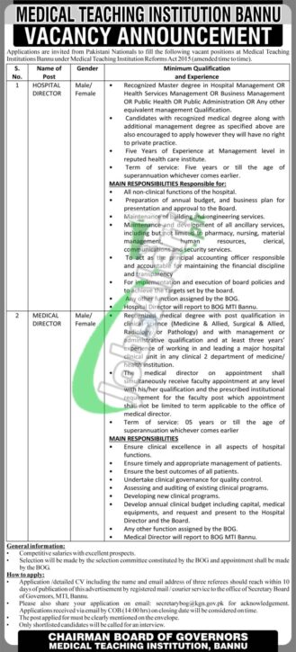 Latest Advertisement For Jobs At Medical Teaching Institution Bannu In