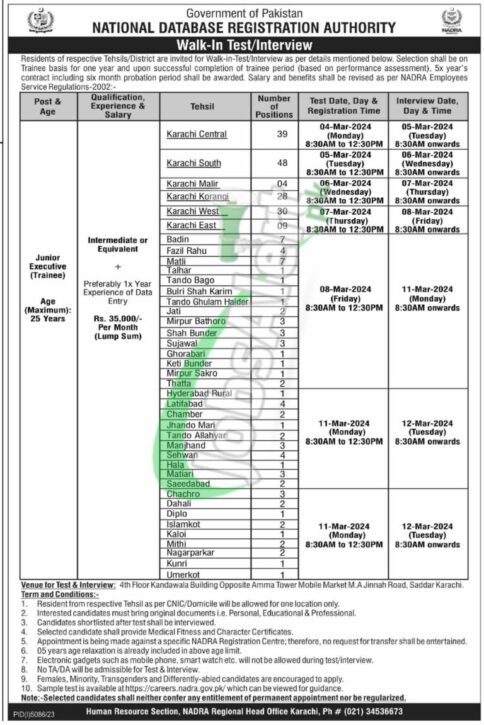 Latest Advertisement For Nadra Karachi Jobs In Pakistan 2024