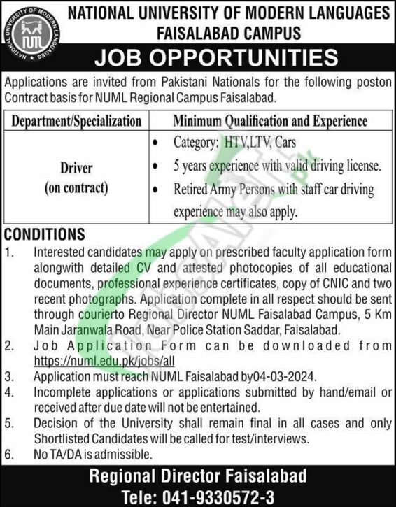 Latest Jobs 2024 At Numl Faisalabad National University Of