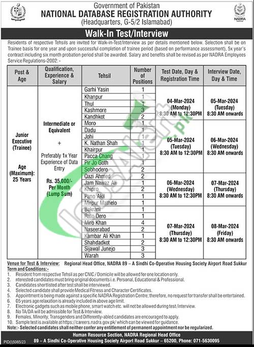 Latest Job Advertisement For Data Entry Executive In Nadra Sukkur