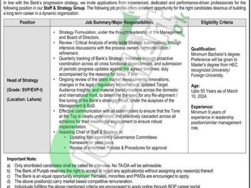 March 2024 Employment Opportunities At Bank Of Punjab