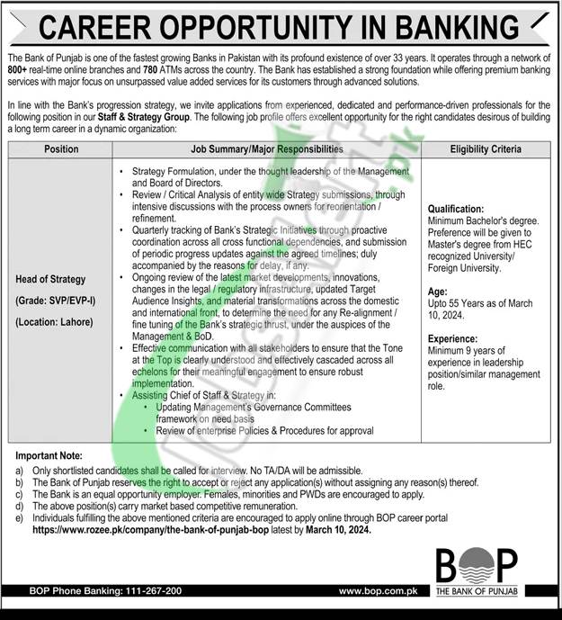 March 2024 Employment Opportunities At Bank Of Punjab