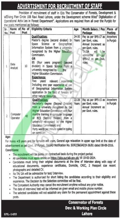 New Job Openings In Lahore For Forest Department Punjab 2024