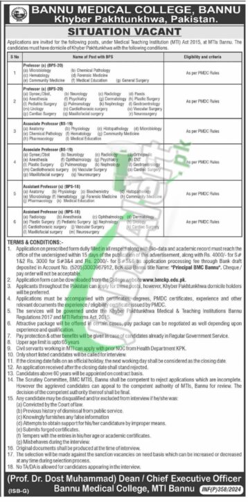 Newest Advertisement For Faculty Staff Jobs At Bannu Medical College