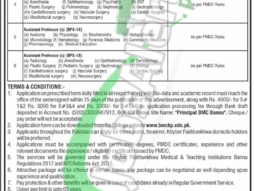 Newest Advertisement For Faculty Staff Jobs At Bannu Medical College