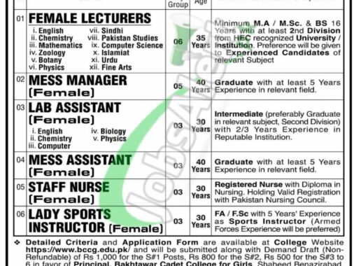 Newest Job Vacancies At Bakhtawar Cadet College For Girls Shaheed