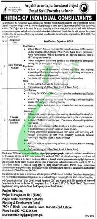 Online Applications For Punjab Social Protection Authority Job Openings In