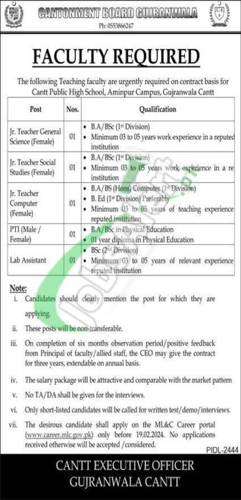 Opportunities For Teaching Staff: Cantonment Board Gujranwala Jobs 2024