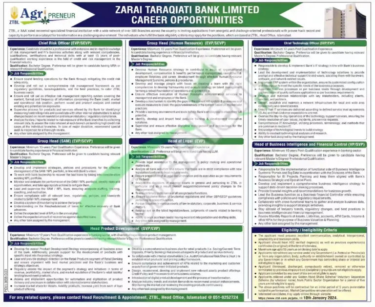 Zarai Taraqiati Bank Limited (ztbl) Now Hiring For 2024