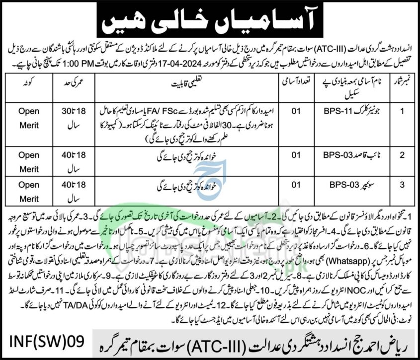 2024 Test/interview Dates For Swat Anti Terrorism Court Jobs