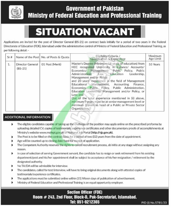 Application Form For Jobs 2022 At Ministry Of Federal Education