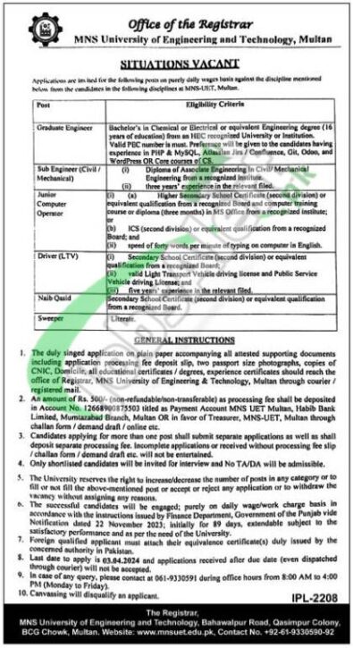 Application Form For Jobs At Muhammad Nawaz Sharif University Of